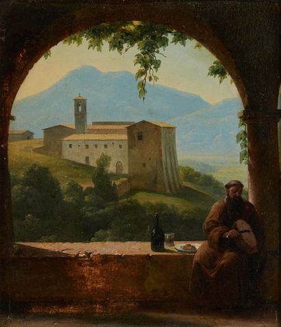 Guillaume Frédéric RONMY (1786-1854) Moines sur leur terrasse dans la campagne romaine...