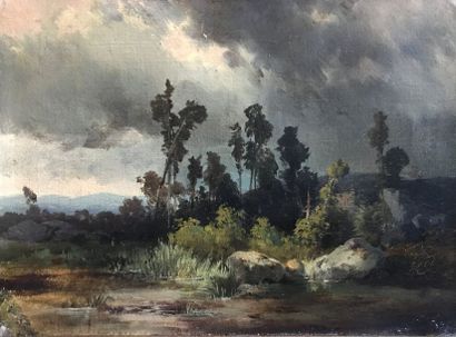 Attribué à Louis Auguste LAPITO (1803-1874) Paysage à l'étang par temps d'orage
Huile...