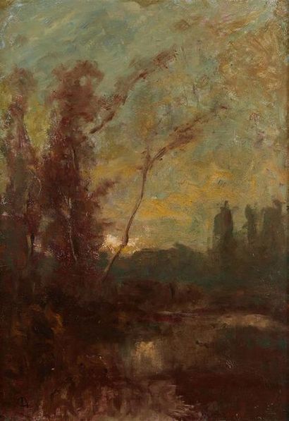 Louis Hilaire CARRAND (1821-1899) Paysage lacustre, le soir
Huile sur toile monogrammée...