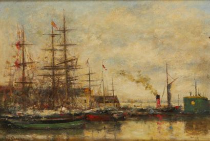Charles Pierre CORDIER (1848-1909) Bateaux au port
Huile sur panneau, signée en bas...
