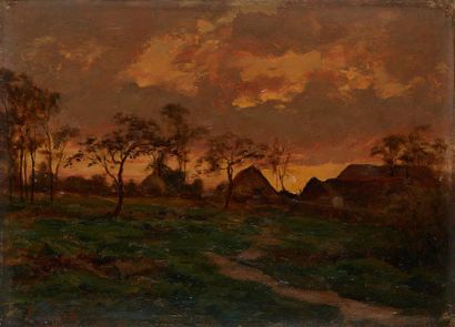 École de la fin du XIXe siècle Paysage au coucher de soleil
Huile sur panneau, portant...