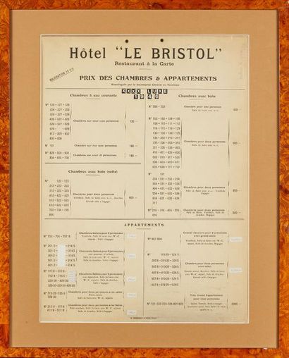 Plaquette encadrée « Hôtel Le Bristol - Prix...