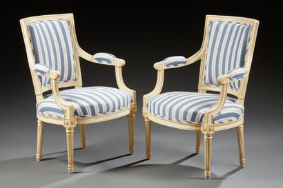 null Paire de fauteuils carbiolets de style Louis XVI en bois laqué blanc, dés de...