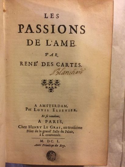null DESCARTES (René). Les Passions de l’ame. À Amsterdam, Par Louis Elzevier, et...
