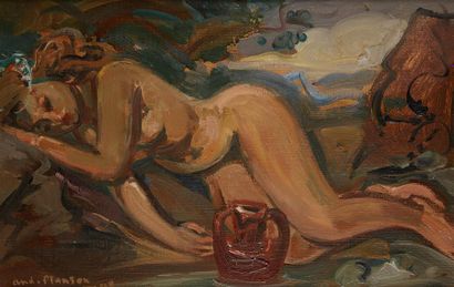 null André PLANSON (1898 - 1981)
Nu endormi, 1948
Huile sur toile, signée et datée...