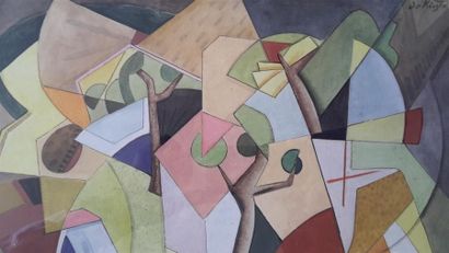 null Béla KRISTOFY ou Bela de KRISTO (1920-2006)
Composition cubiste aux arbres 
Gouache
29...