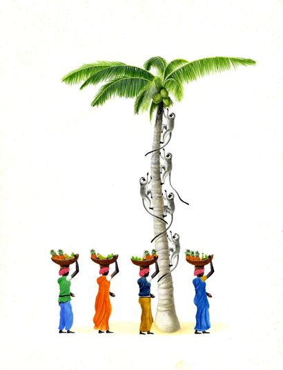 DUHEM Le palmier Illustration originale couleur à la gouache. 32,5 x 25 cm