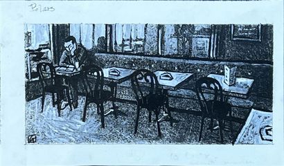 Gotting, Jean-Claude Lecture dans un café Illustration à la gouache, issue de la...