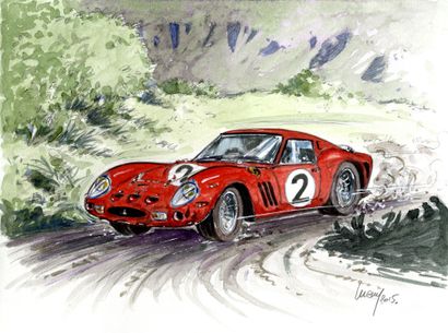 LUGUY Ferrari rouge Illustration originale couleur. 24 x 32 cm
