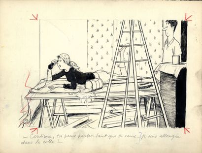 TETSU Gag « Allongée sur la table » illustration originale à l’encre de chine. 25x...