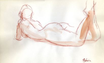 ROBIN Étude de nu (Femme allongée) Illustration originale au pastel et aquarelle,...