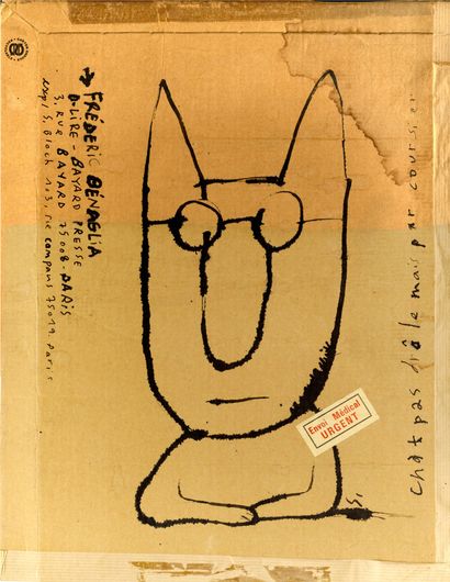 Bloch, Serge Portrait sur carton « Chat pas drôle » Amusante illustration sur enveloppe...