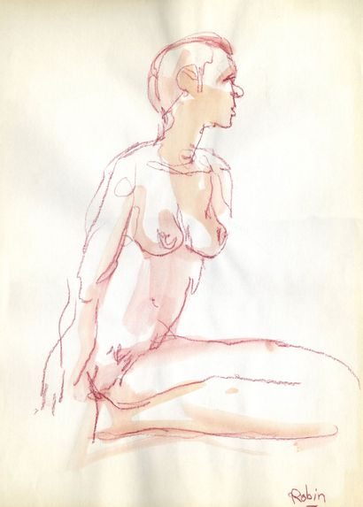 ROBIN Étude de nu (Femme assise) Illustration originale au pastel et aquarelle, signée...