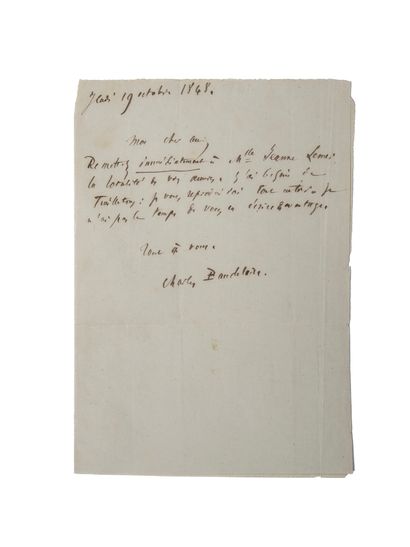 BAUDELAIRE Charles. Autograph bill signed. Thursday, October 19, 1848, 2 pages in-12,...