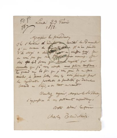 BAUDELAIRE Charles. Autograph letter signed to the President of the Committee of...