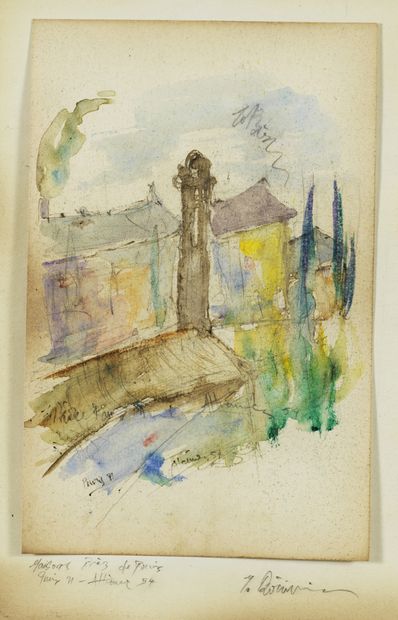Georges BOUZIANIS (1885-1959) MAISONS PRES DE PARIS, 1954 De la série Souvenirs de...