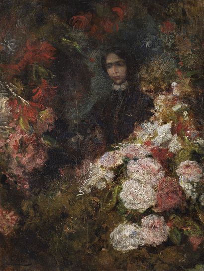 Félix ZIEM (1821-1911) PORTRAIT DE FEMME AUX FLEURS Huile sur toile Signée en bas...