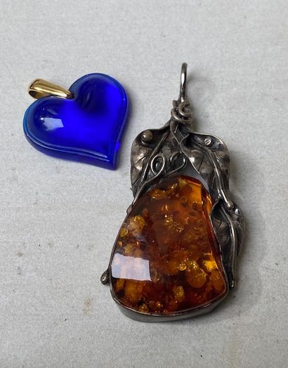 Pendant silver chased decorated with amber,...