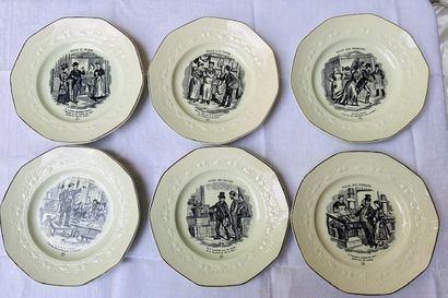 Suite of six plates in fine earthenware with...