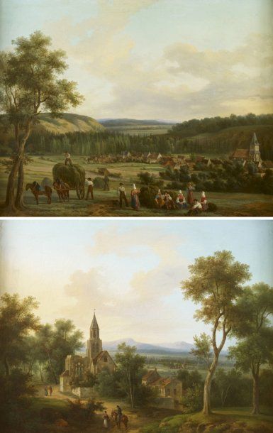 Ecole FRANCAISE vers 1840 Paysage à l'église Le retour du marché Paire de toiles... Gazette Drouot