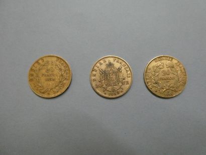 null 3 pieces of 20 francs gold, including 1851 A / Napoléon III 1858 A / 1868 A....