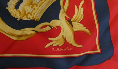 null HERMES
Crown" printed silk square after Julia Abadie, red and blue background...