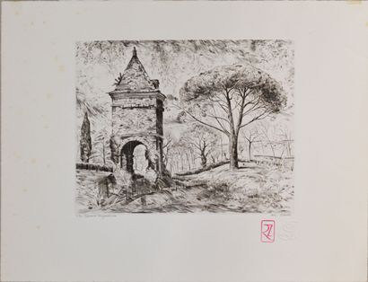 null René IZAURE (1929 - 2014)
Pigeonnier languedocien
Engraving in black, titled,...