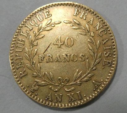 null FRANCE. Pièce de 40 francs or Bonaparte Premier Consul An XI A. Poids : 12,9...