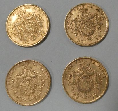 null BELGIQUE. 4 pièces de 20 francs or Léopold II (1870, 1875 x 2, 1878). Poids...