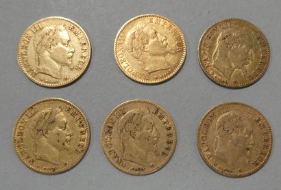 null FRANCE. 6 pièces de 10 francs or Napoléon III lauré (1862 A, 1863 BB, 1866 BB,...