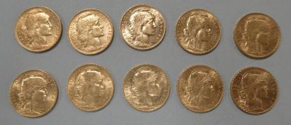 null FRANCE. 10 pièces de 20 francs or Coq et Marianne (1905, 1907, 1908, 1909 x...