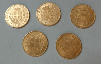 null ITALIE. 5 pièces de 20 lire or Vittorio Emanuele II (1851, 1863 x 2, 1865 x...