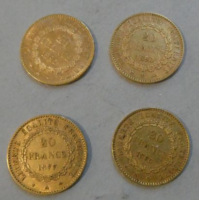 null FRANCE. 4 pièces de 20 francs or IIIe République (1876 A, 1877 A, 1890, 1895...