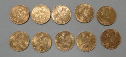 null FRANCE. 10 pièces de 20 francs or Coq et Marianne (1905, 1907, 1908, 1909 x...