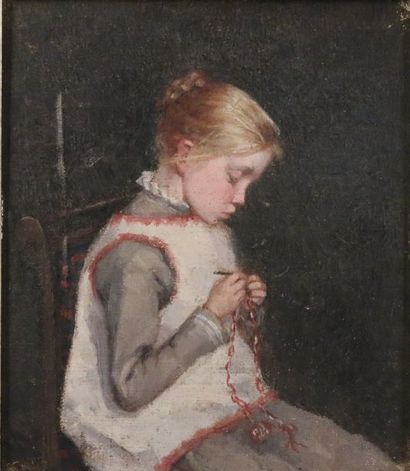  Maria WIIK (1853-1928) Portrait d'enfant à la couture. Toile marouflée sur panneau.... Gazette Drouot
