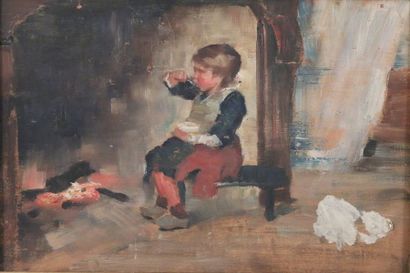  Maria WIIK (1853-1928) Enfant mangeant près du feu, Enfant près du mur. Panneau... Gazette Drouot