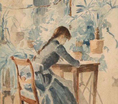  Maria WIIK (1853-1928) Au bureau, c. 1880 Aquarelle. Haut. 28, Larg. 17,5 cm. Provenance... Gazette Drouot
