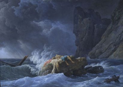  Claude Joseph Vernet (Français, 1714-1789) 
Naufragés sur une côte rocheuse, 1780

Cuivre.... Gazette Drouot