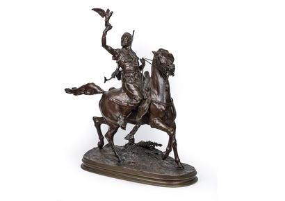  Pierre-Jules Mène (Français, 1810-1879) 
Le fauconnier arabe 

Bronze à patine brune.
Signé... Gazette Drouot