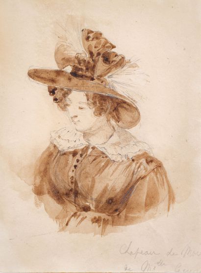  Richard Parkes Bonington (Anglais, 1802-1828) 
Femme au chapeau

Lavis brun sur... Gazette Drouot