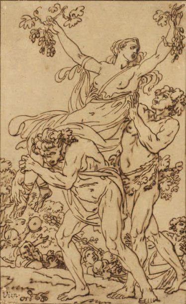 JOSEPH MARIE VIEN (1716-1809) Allégorie de l'automne Plume et encre brune, trace...
