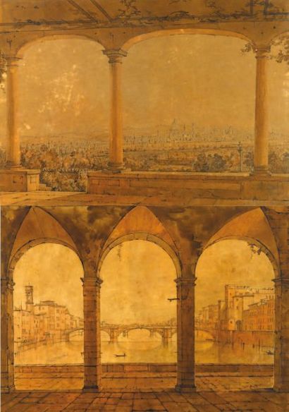 VICTOR-JEAN NICOLLE (1754-1826) Vues de Florence Deux aquarelles sur trait de plume...