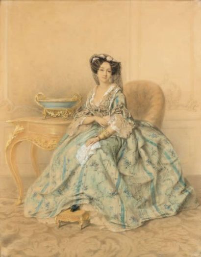 AUGUSTE LEGRAND (Ecole française du XIXème siècle) Portrait de femme assise Aquarelle,...