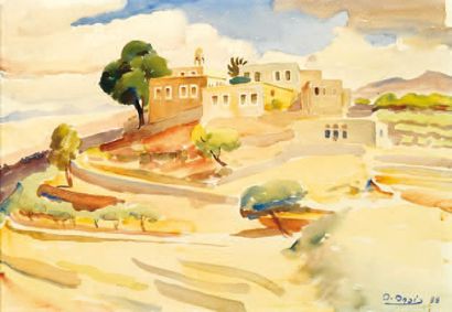 OMAR ONSI (1901-1969), ÉCOLE LIBANAISE Vue de village Aquarelle Signée en bas à droite...