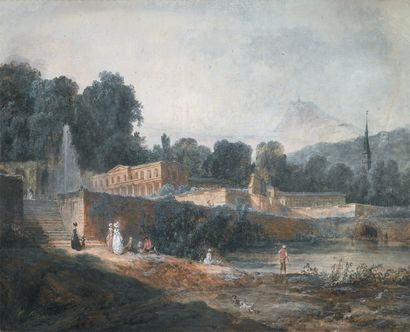 Attribué à Jean HOUEL (1735-1813) Château et parc à la pièce d'eau Aquarelle et pastel....