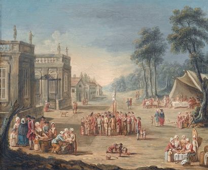 Attribué à JUMIÈGE (actif au XVIIIe siècle) Les Saltimbanques Huile sur toile. 49,5...