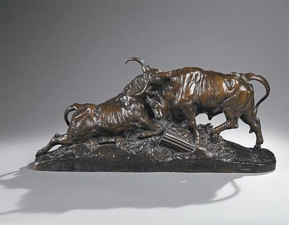 Jean-Baptiste CLESINGER (1814-1883) Combat de taureaux romains. Bronze à patine brune...