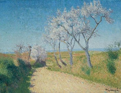 Achille LAUGE (1861-1944) Route aux amandiers en fleur Huile sur toile. Signée en...