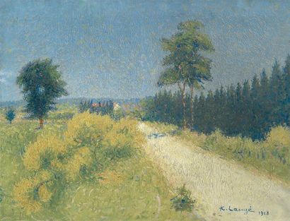 Achille LAUGE (1861-1944) Route de Belvèze vers le Relai (1918) Huile sur toile....