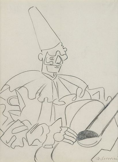 Gino SEVERINI (1883-1966) Clown à la mandoline Dessin au crayon. Signé en bas à droite....